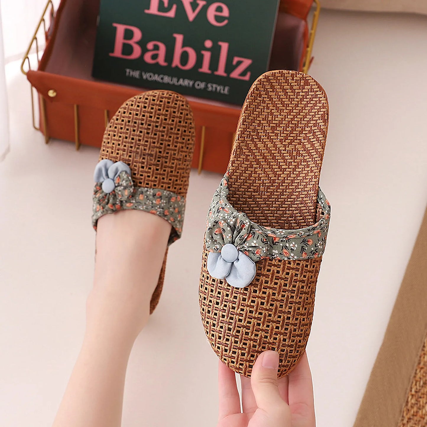 Woven Floral Natural Rattan House Slippers