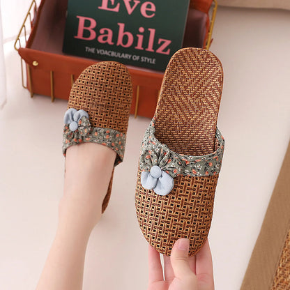 Woven Floral Natural Rattan House Slippers