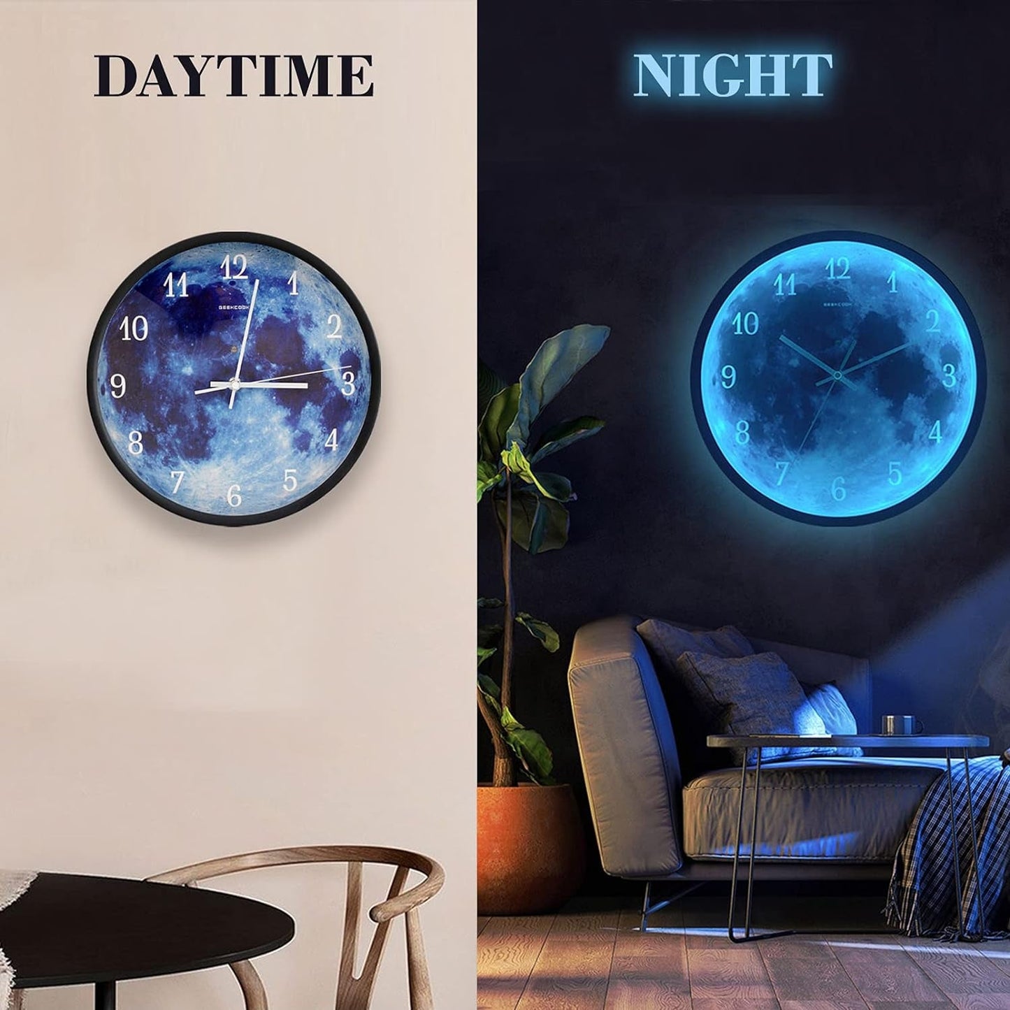 E'LIXEFE 12-Inch Night Light Wall Clock, Moon-Style Silent Wall Clock, Living Room Study Kitchen Led Lights (Black) Clocks Home & Kitchen Home Décor Products Wall Clocks