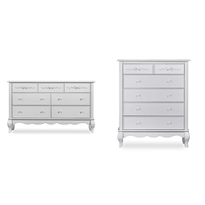 Evolur Aurora 7 Drawer Double Dresser, Akoya Grey Pearl/Silver Mist & Aurora 6 Drawer Tall Chest in Akoya Grey Pearl/Silver Mist Bedroom Furniture Dressers Furniture Home & Kitchen