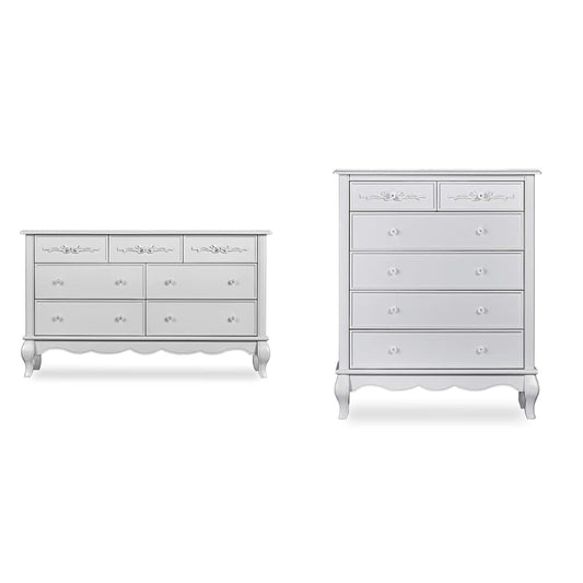 Evolur Aurora 7 Drawer Double Dresser, Akoya Grey Pearl/Silver Mist & Aurora 6 Drawer Tall Chest in Akoya Grey Pearl/Silver Mist Bedroom Furniture Dressers Furniture Home & Kitchen