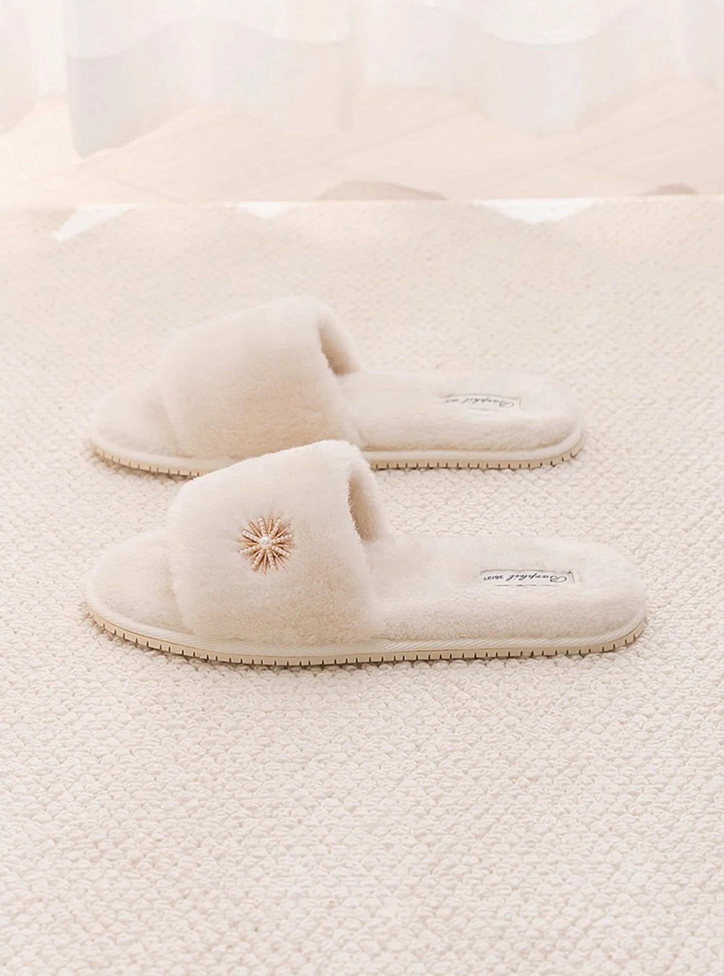 Plush Jeweled Flower Faux Fur House Slippers