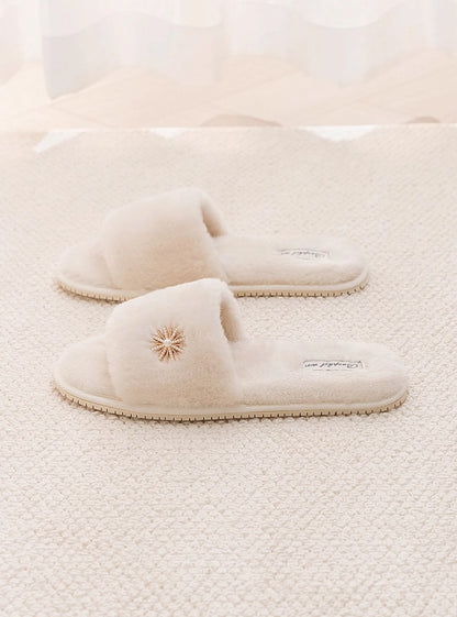 Plush Jeweled Flower Faux Fur House Slippers