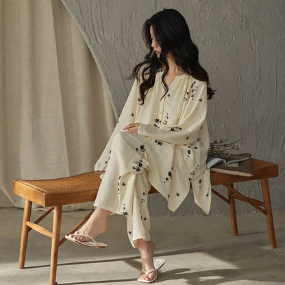 Lightweight Textured Botanical Print Cotton Pajama Set