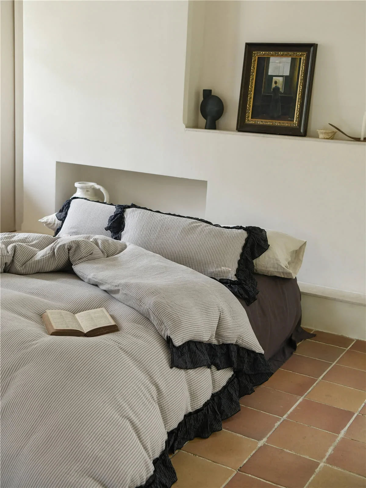 Ruffle Trim Pinstripe Washed Cotton Bedding Set