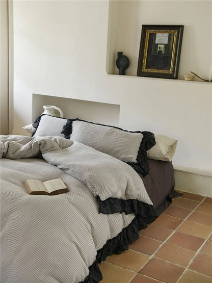 Ruffle Trim Pinstripe Washed Cotton Bedding Set