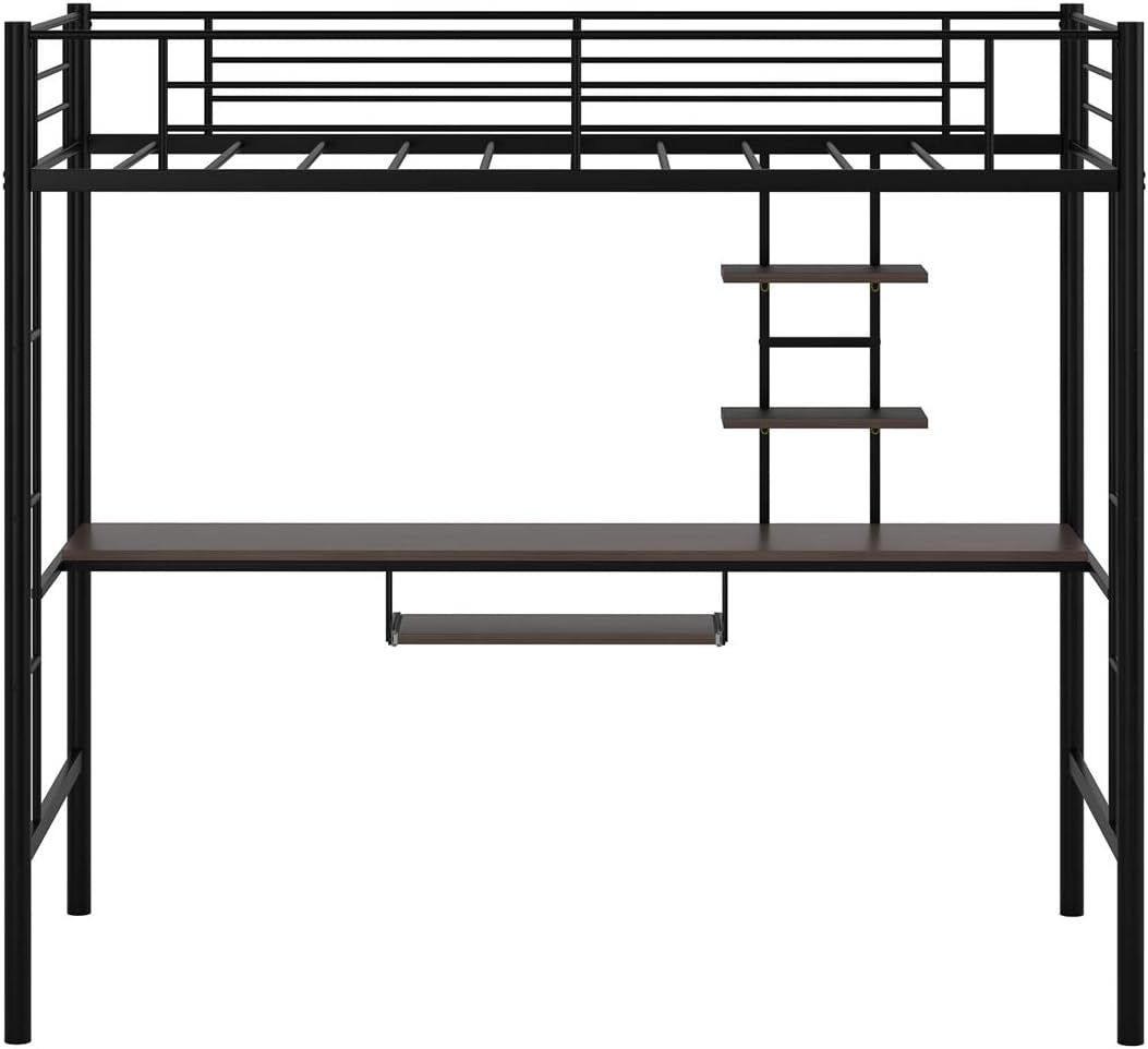 Giantex Metal Loft Bed Frame, Twin Size Bunk Bed with Bilateral Ladders, Guardrails, Desk and Bookcase, Space-Saving Loft Bed with Keyboard Tray for Boys & Girls Teens (Twin, Black) Bedroom Furniture Beds Frames & Bases Furniture Home & Kitchen