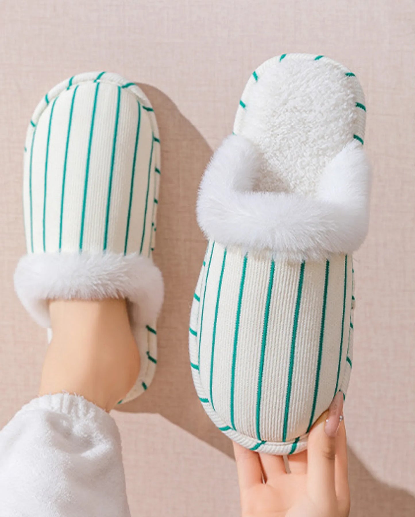 Plush Corduroy Striped Cotton House Slippers