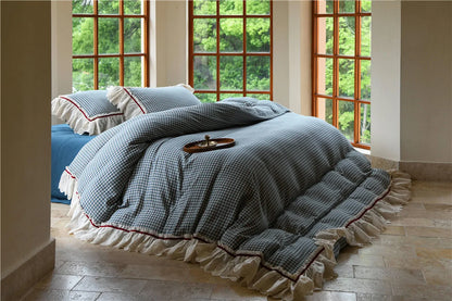 Lace Ruffle Gingham Washed Cotton Bedding Set