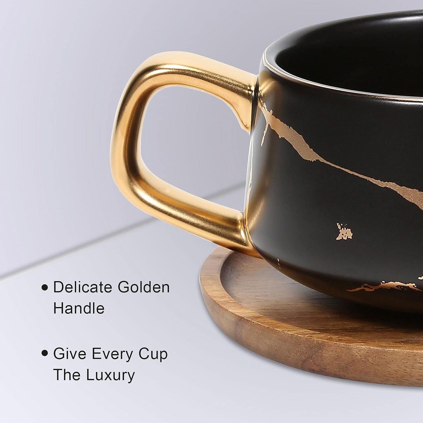 ENJOHOS 10 Oz Ceramic Tea Cup Coffee Cup Set with Wooden Saucer European Golden Hand Cup Saucer Set(Black) & Saucers Cup & Saucer Sets Cups Dining & Entertaining Glassware & Drinkware Home & Kitchen Kitchen & Dining Mugs