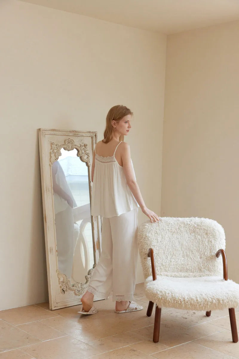 Silky Lace Trim Cotton Sateen Pajama Set