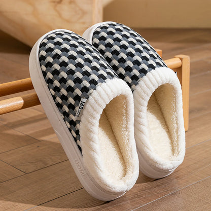 Fuzzy Woven Gingham Plush House Slippers