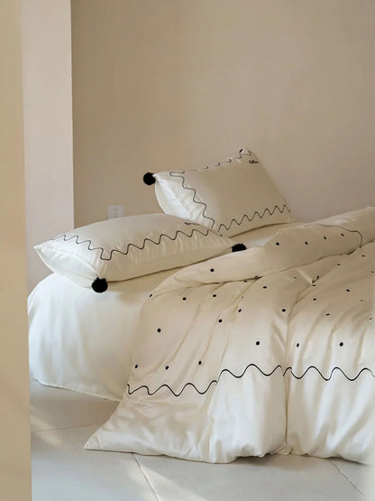 Silky Pom Pom Wavy Embroidered Tencel Bedding Set