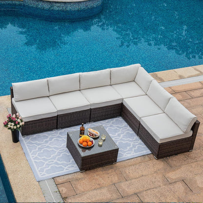 COSIEST 6-Piece Outdoor Furniture Set Brown Wicker Sectional Sofa W Thick off White Cushions, Glass Coffee Table, 2 Ottomans for Garden, Pool, Backyard Conversation Sets Lawn & Garden Patio Patio Furniture & Accessories Patio Furniture Sets