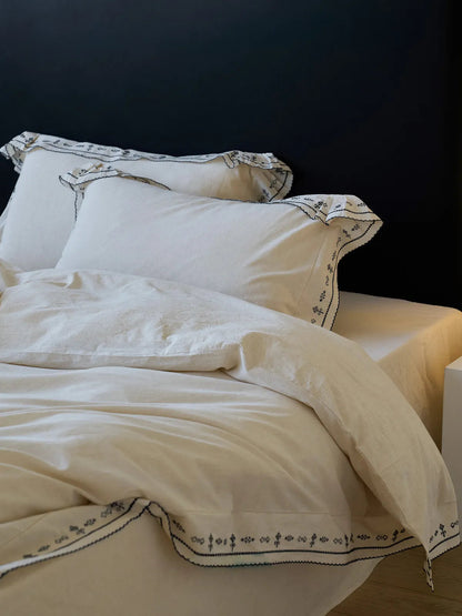 Textured Embroidered Ruffle Linen Bedding Set