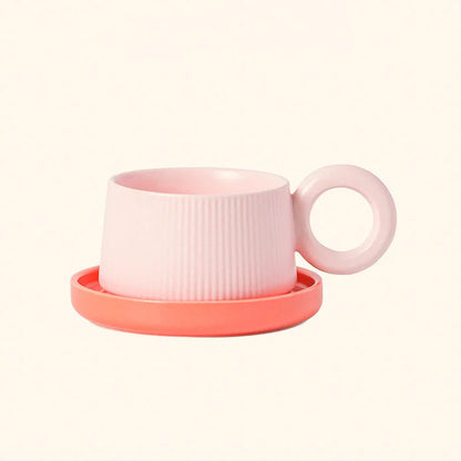 Ribbed Ceramic Donut Handle Mug and Saucer Set