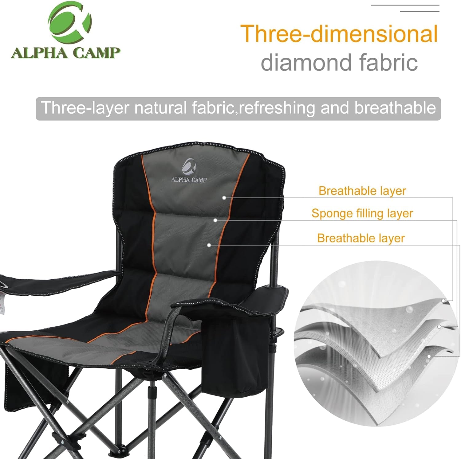 ALPHA CAMP Oversized Camping Folding Chair, Heavy Duty Support 450 LBS Steel Frame Collapsible Padded Arm Chair with Cup Holder Quad Lumbar Back, Portable for Outdoor,Black Camping & Hiking Camping Furniture Chairs Outdoor Recreation Sports & Outdoors