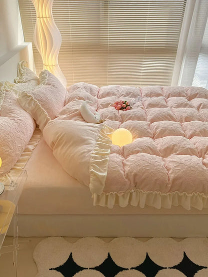 Plush Ruffled Embossed Bow Flannel Fleece Bedding Set
