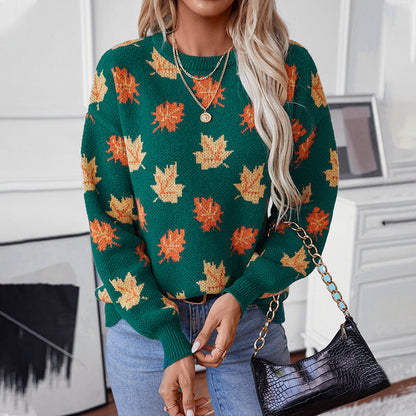 Pull tricoté à motif de feuille d'érable d'automne