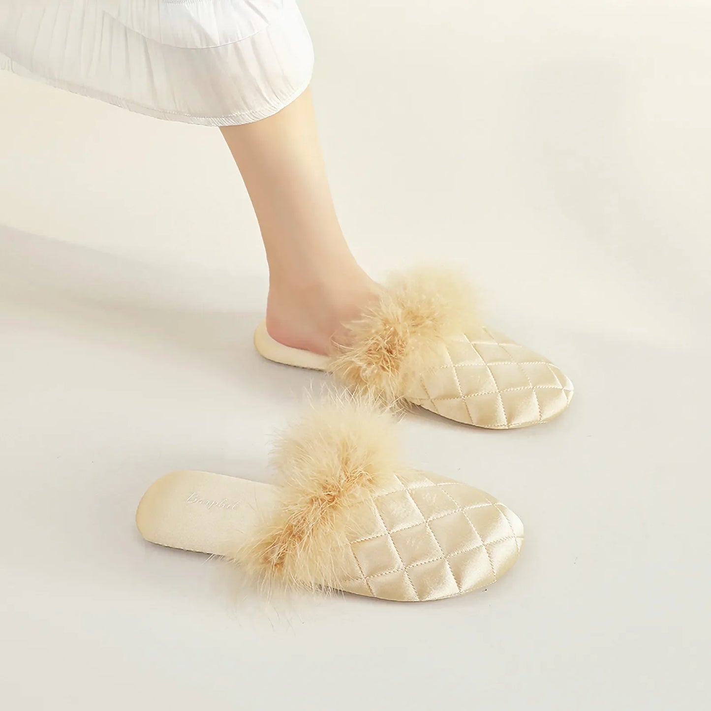 Plush Feathery Quilted Satin House Slippers