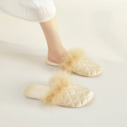 Plush Feathery Quilted Satin House Slippers