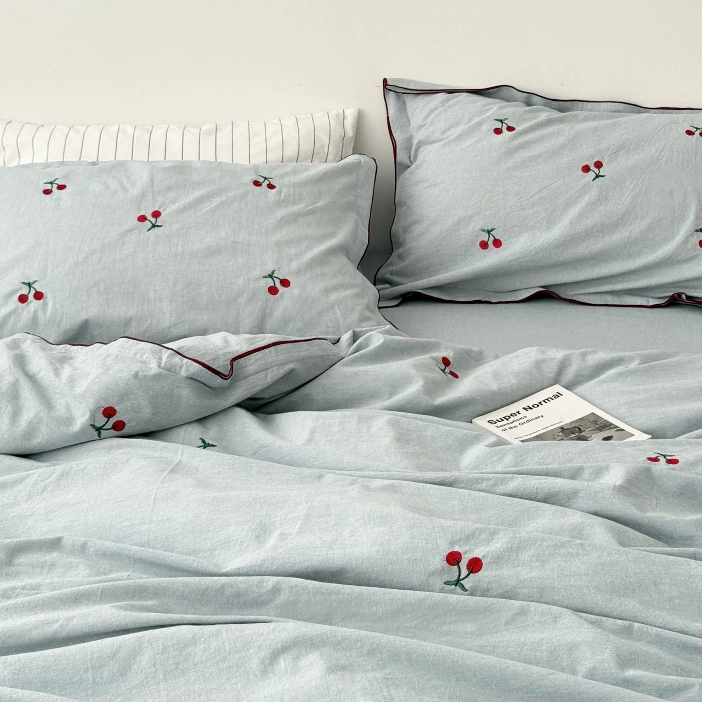 Soft Embroidered Cherry Washed Cotton Bedding Set