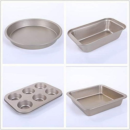 Gold Nonstick Bakeware Set, 5 Pcs Bakeware Include 8-Inch Pizza Pan， 8-Inch Live Bottom Cake Mold， 6 Consecutive Cups， 9-Inch Square Plate， 25X13Cm Toast Box Bakeware Bakeware Sets Home & Kitchen Kitchen & Dining