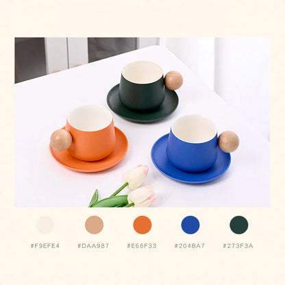 Frosted Ceramic Mug and Saucer with Wooden Ball Handle