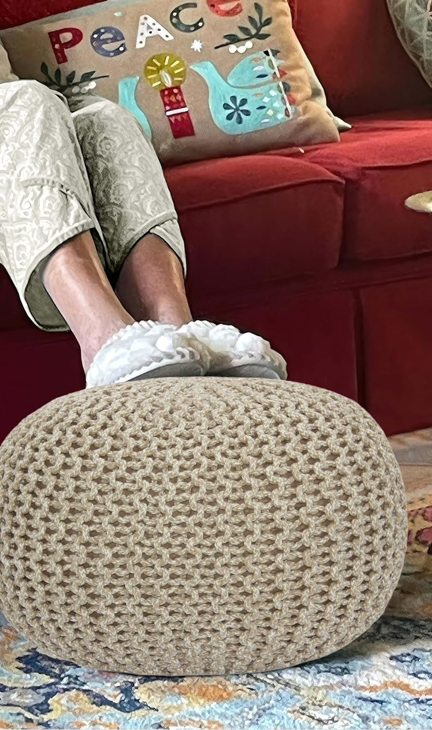 COTTON CRAFT round Pouf - Hand Knitted Tweed Cable Dori Pouf Ottoman - Cotton Braid Cord Foot Stool Floor Pouf Footrest Accent Seat Furniture Bean Bag - Family Room Kids Nursery Dorm - 20X14 - Natural Furniture Home & Kitchen Living Room Furniture Ottomans