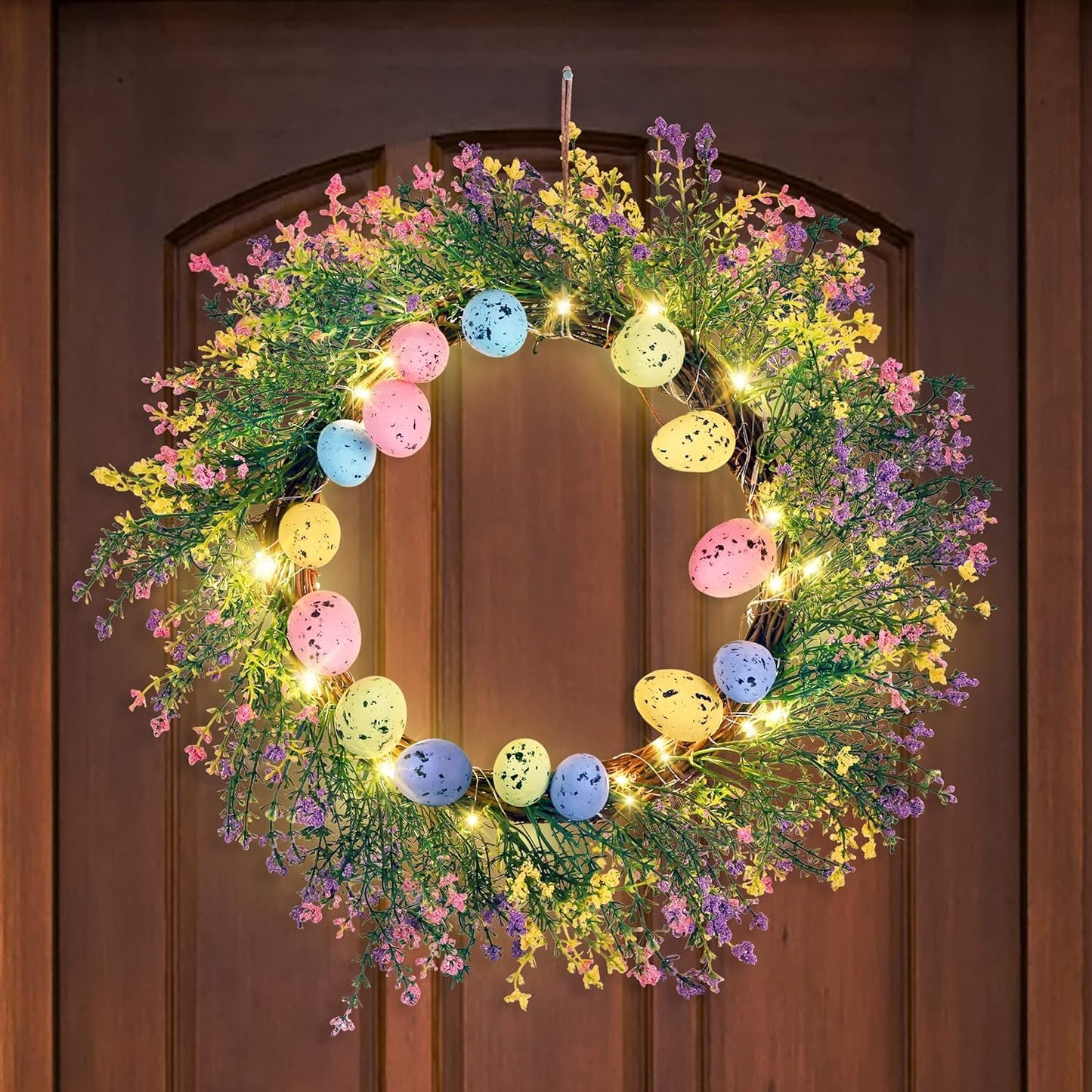 Easter Eggs Decorations Wreath - Spring Artificial Flowers Decor for the Home/Door/Front Porch, Gifts, with Led-Light String (Batteries Not Included) Home & Kitchen Home Décor Accents Home Décor Products Wreaths