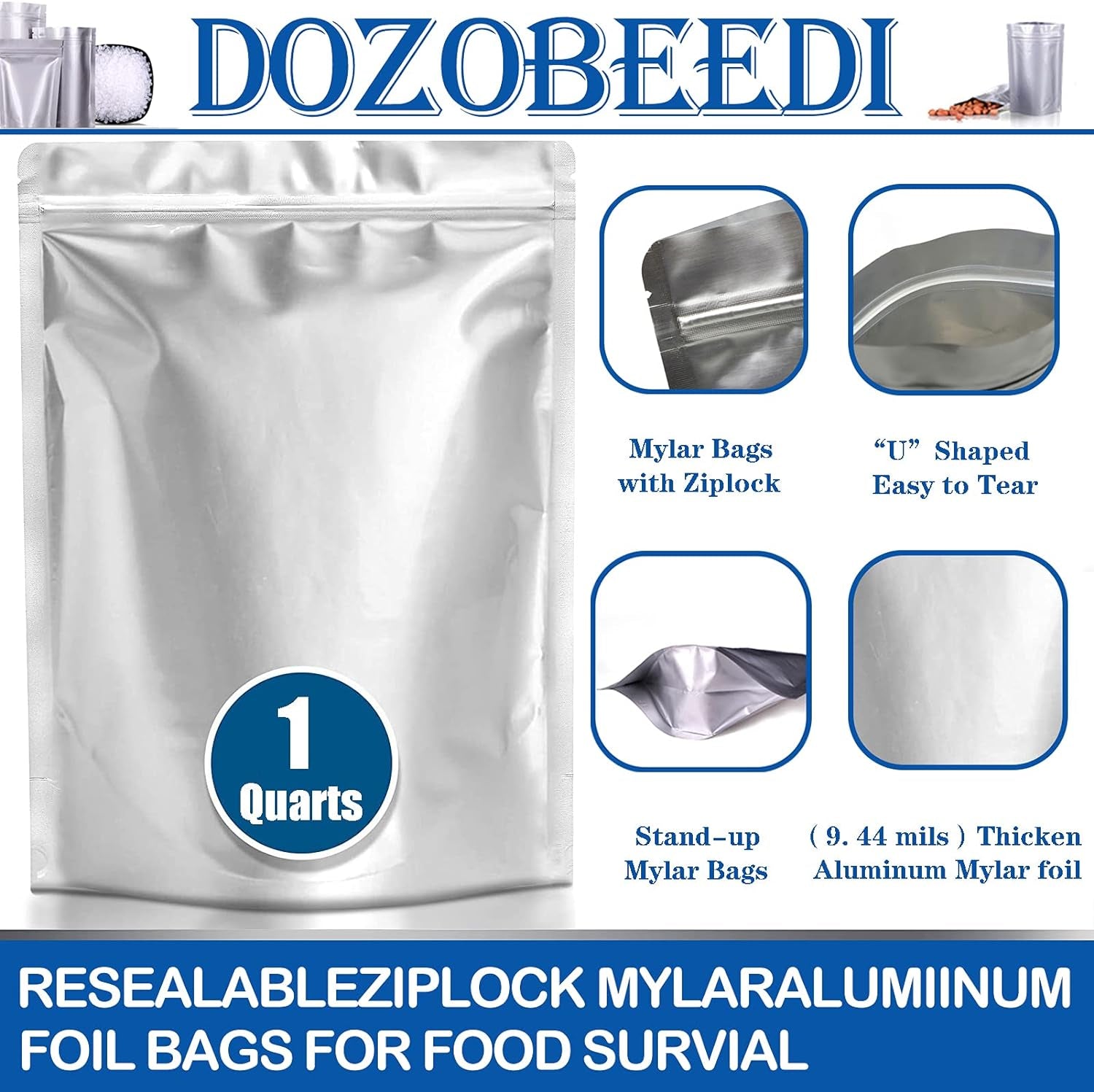 25Pcs Mylar Bags for Food Storage 1 Quart Foil Bags Resealable Ziplock Bags（4.72 Mil ）Family Daily Life for Food Long-Term Storage Coffee, Tea, Cereal, Heat Resealable, Food Grade (6.3X9.4IN) Container Sets Food Containers Food Storage Home & Kitchen Kitchen & Dining Storage & Organization