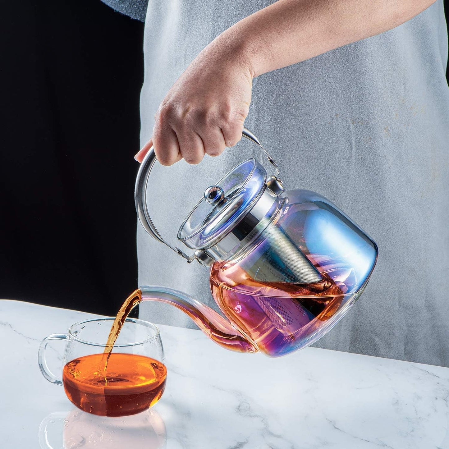 50 Oz(1500Ml) Glass Teapot Kettle with Lid, Removable Stainless Steel Infuser and Handle, Stovetop Safe Tea Maker for Blooming and Loose Leaf Tea（Iridescent） Dining & Entertaining Dinnerware & Serveware Home & Kitchen Kitchen & Dining Teapots Teapots & Coffee Servers