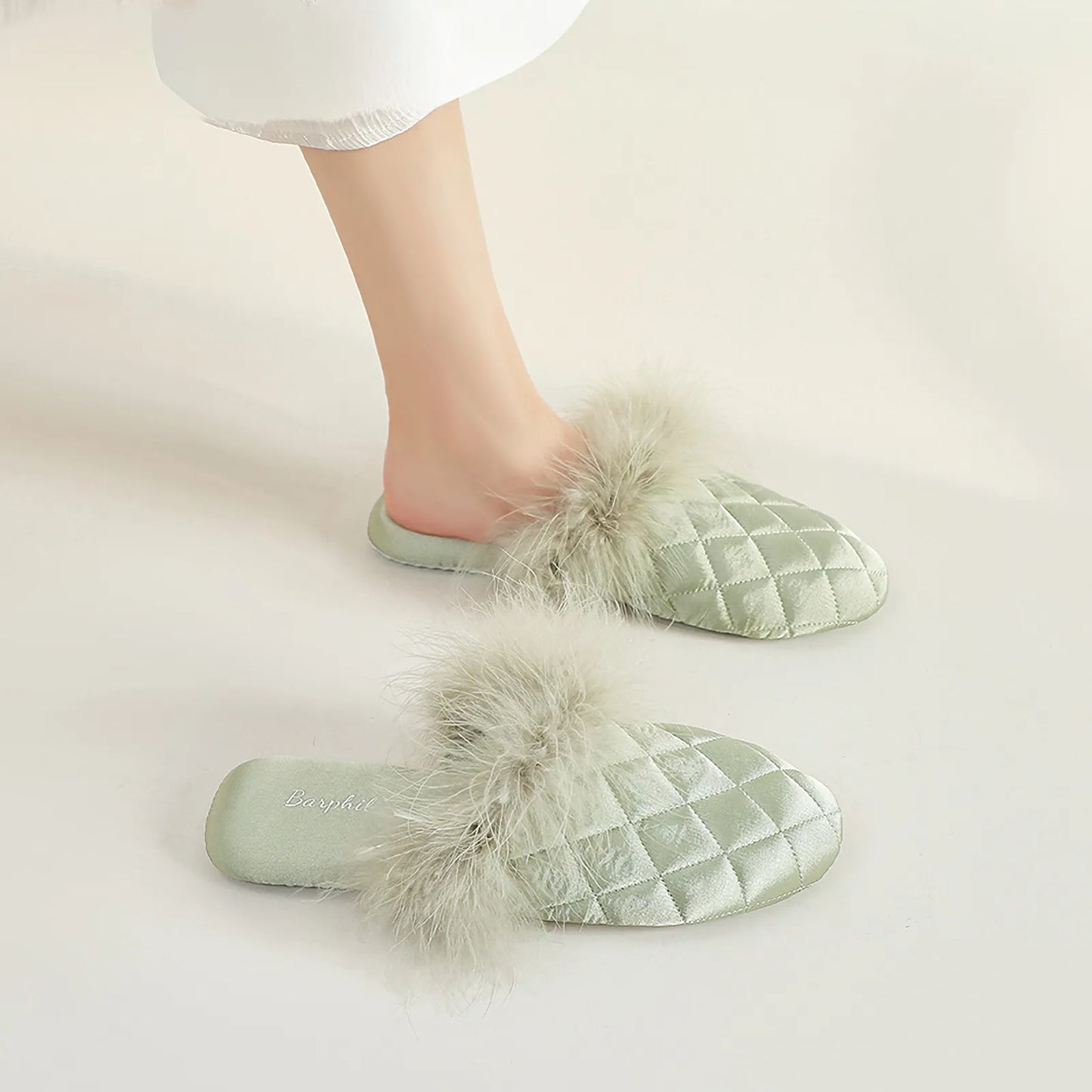 Plush Feathery Quilted Satin House Slippers