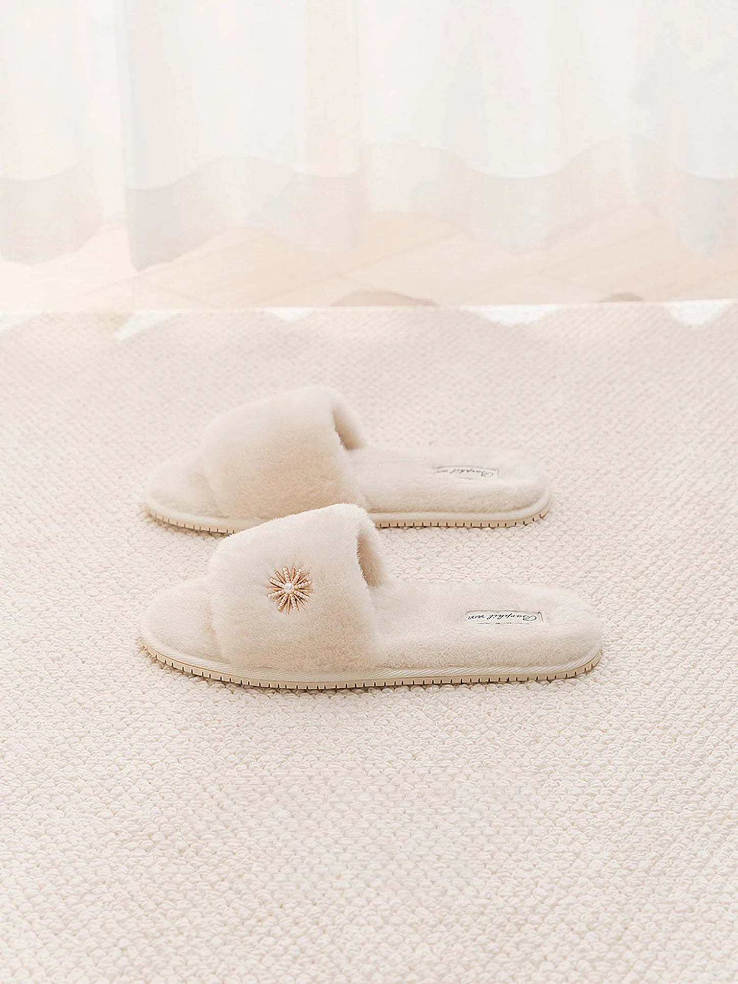 Plush Jeweled Flower Faux Fur House Slippers