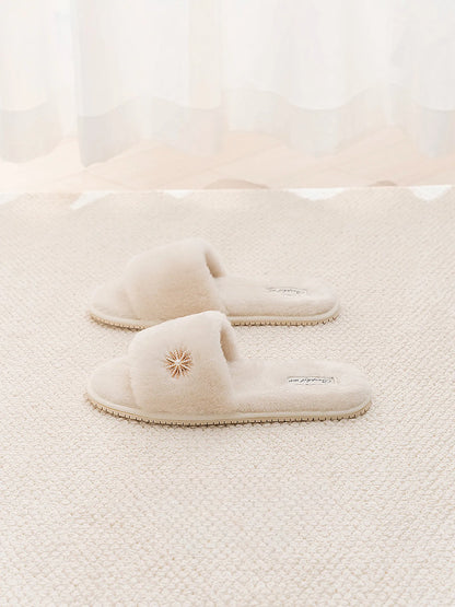Plush Jeweled Flower Faux Fur House Slippers