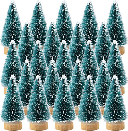 24Pcs Mini Pine Trees Frosted Sisal Trees with Wood Base Bottle Brush Trees Plastic Winter Snow Ornaments Tabletop Trees for Crafting, Displaying and Decoration (24 Pack) Hanging Ornaments Home & Kitchen Home Décor Accents Home Décor Products