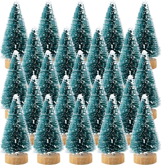 24Pcs Mini Pine Trees Frosted Sisal Trees with Wood Base Bottle Brush Trees Plastic Winter Snow Ornaments Tabletop Trees for Crafting, Displaying and Decoration (24 Pack) Hanging Ornaments Home & Kitchen Home Décor Accents Home Décor Products