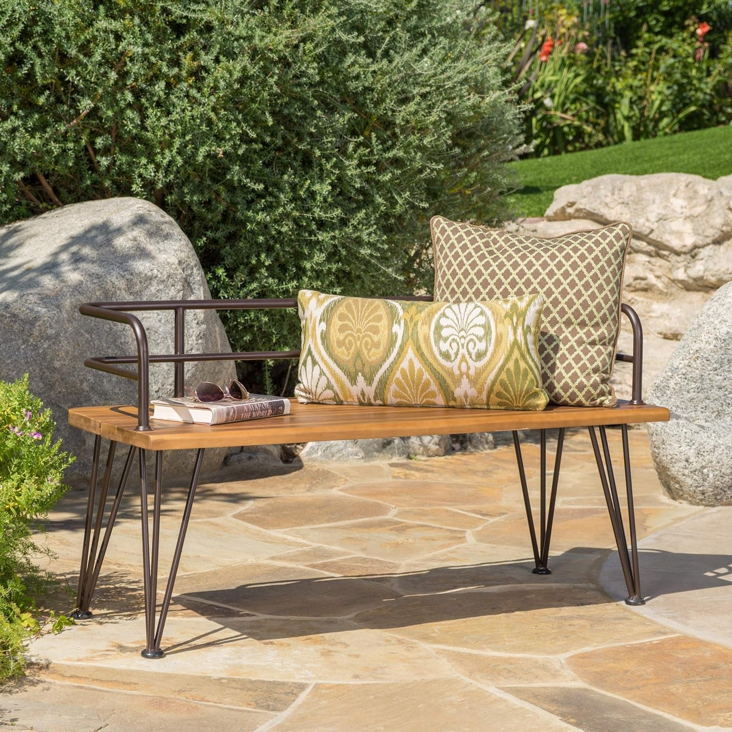 Christopher Knight Home Lastoro Outdoor Industrial Rustic Iron and Acacia Wood Bench, Teak Finish with Rustic Metal Benches Lawn & Garden Patio Patio Furniture & Accessories Patio Seating