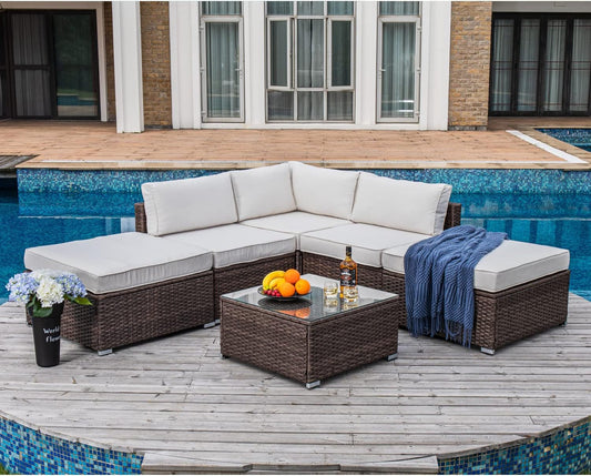 COSIEST 6-Piece Outdoor Furniture Set Brown Wicker Sectional Sofa W Thick off White Cushions, Glass Coffee Table, 2 Ottomans for Garden, Pool, Backyard Conversation Sets Lawn & Garden Patio Patio Furniture & Accessories Patio Furniture Sets