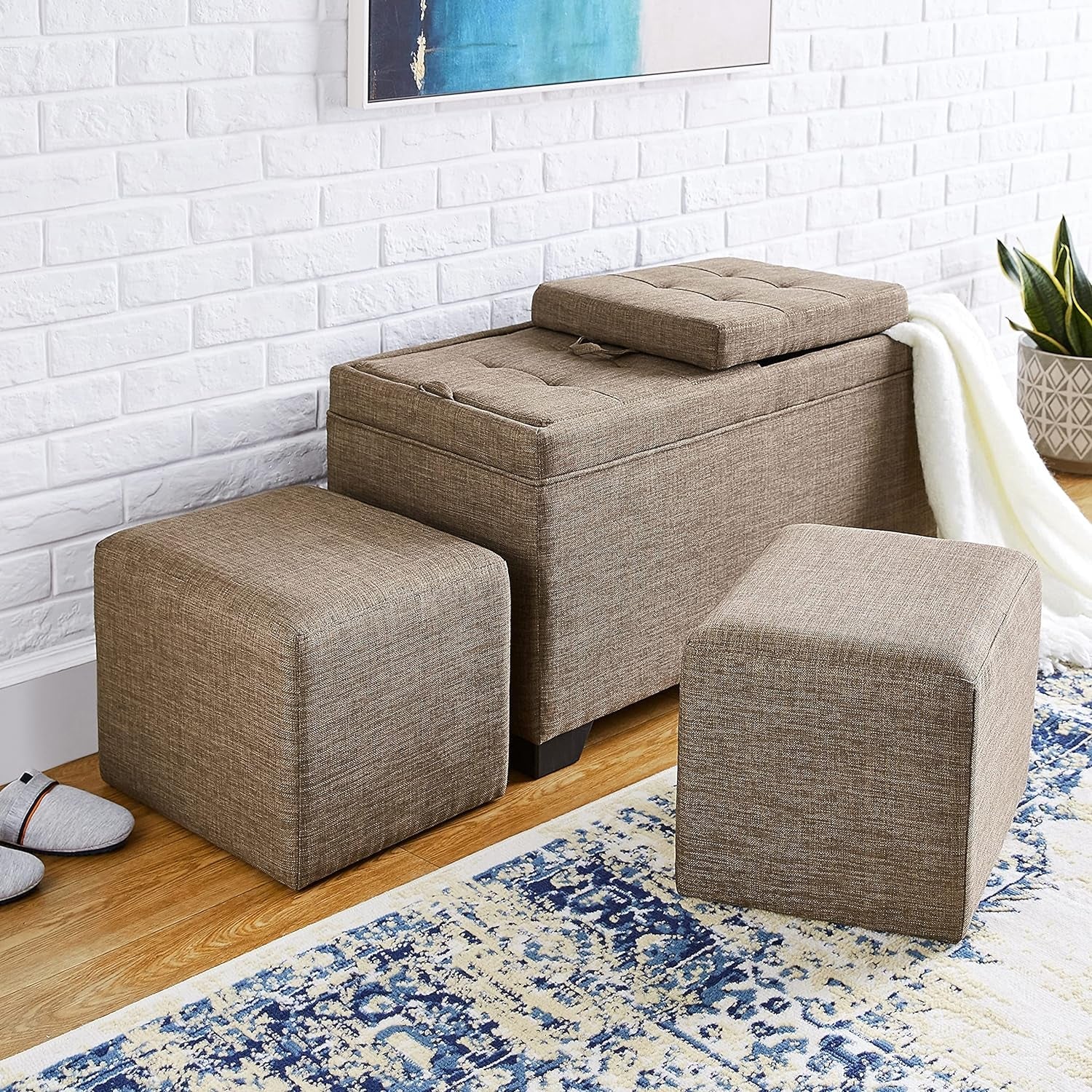 FIRST HILL FHW Sunshine 3-Piece Storage Ottoman Bench Set with Fabric Upholstery, Bark Brown Furniture Home & Kitchen Living Room Furniture Ottomans