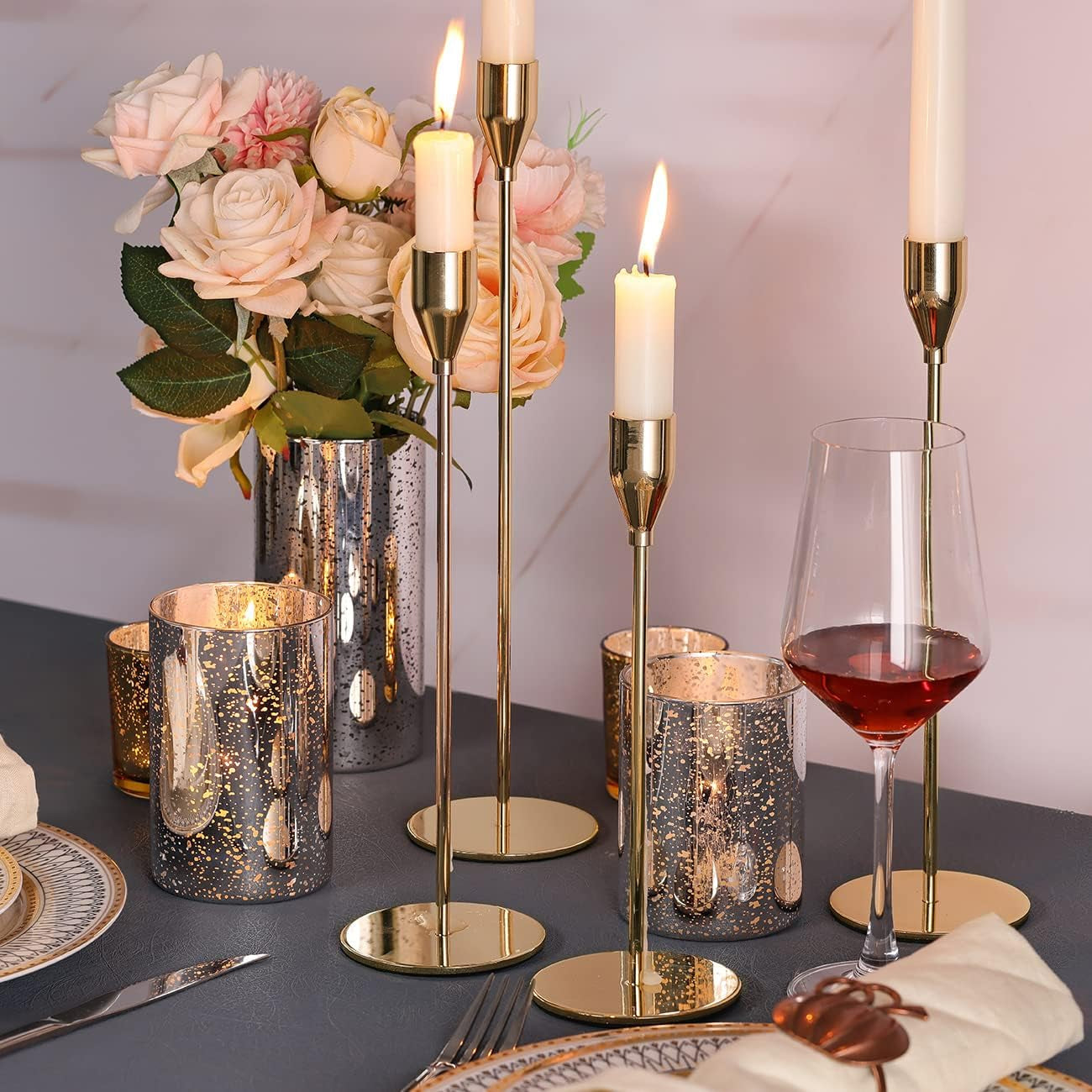 Gold Candlestick Holders 3Pcs, Taper Candle Holders for Candlesticks, Valentines Day Wedding Decorations & Centerpieces for Dining Room Table Candleholders Candles & Holders Candlestick Holders Home & Kitchen Home Décor Products