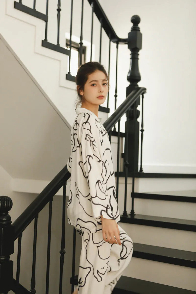 Silky Abstract Cat Sketch Cotton Sateen Pajama Set