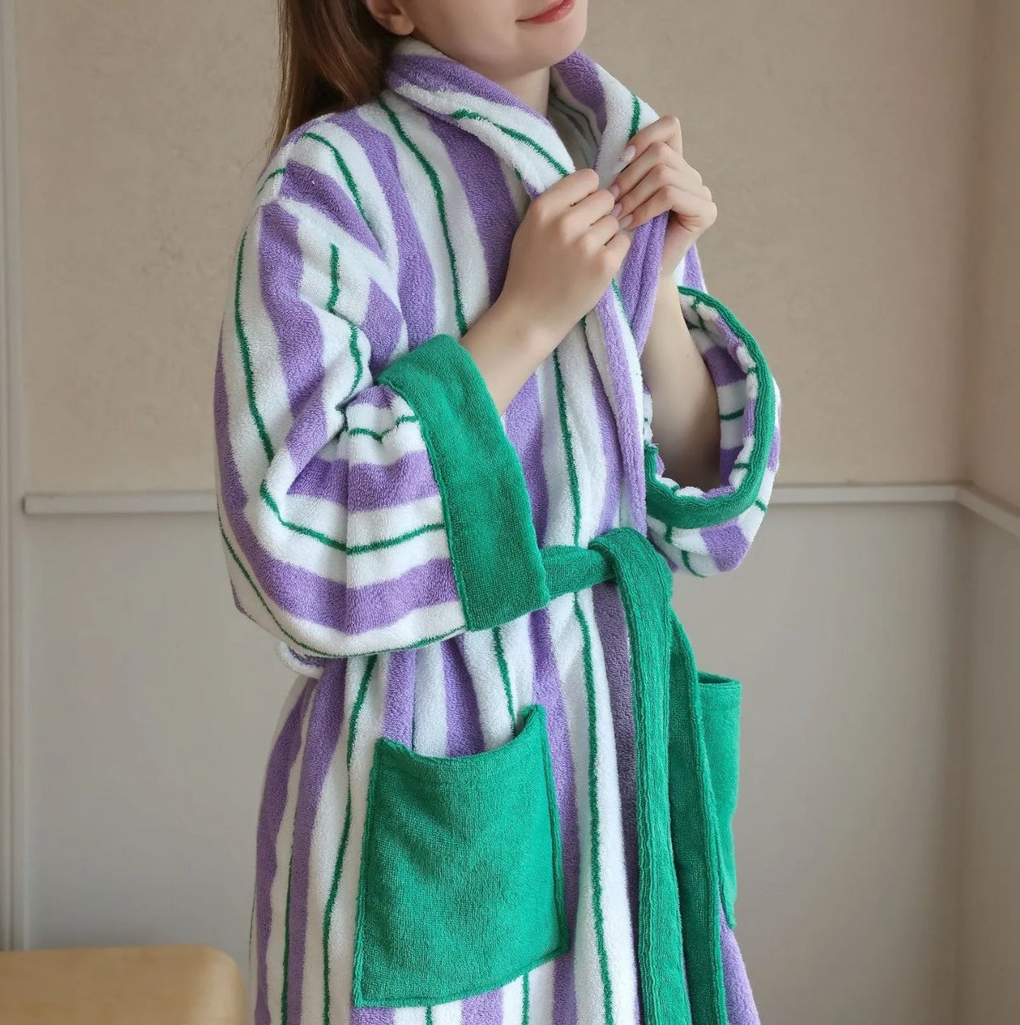 Plush Purple & Green Striped Cotton Robe