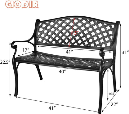 GIODIR Outdoor Patio Garden Bench All-Weather Cast Aluminum Loveseats Park Yard Furniture Porch Chair Work Entryway Decor W/Checkered Design (Black) Benches Lawn & Garden Patio Patio Furniture & Accessories Patio Seating