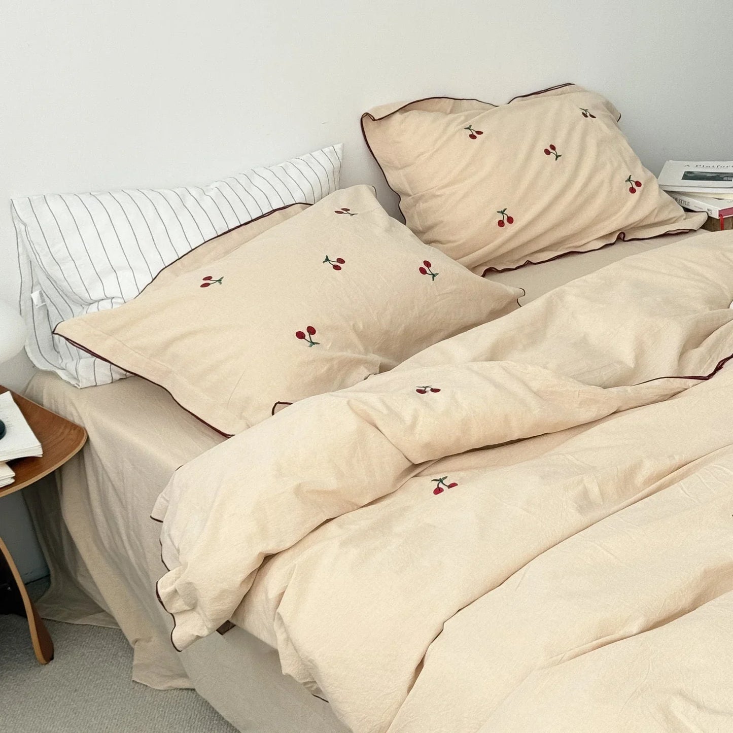 Soft Embroidered Cherry Washed Cotton Bedding Set