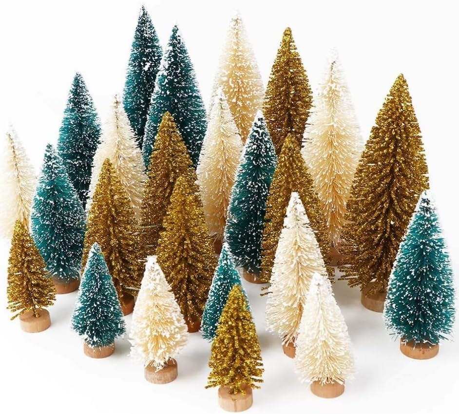 Aerwo 24PCS Mini Bottle Brush Christmas Trees with Wood Base, Small Sisal Trees for Tabletop Holiday Winter Decor Home & Kitchen Seasonal Décor Trees