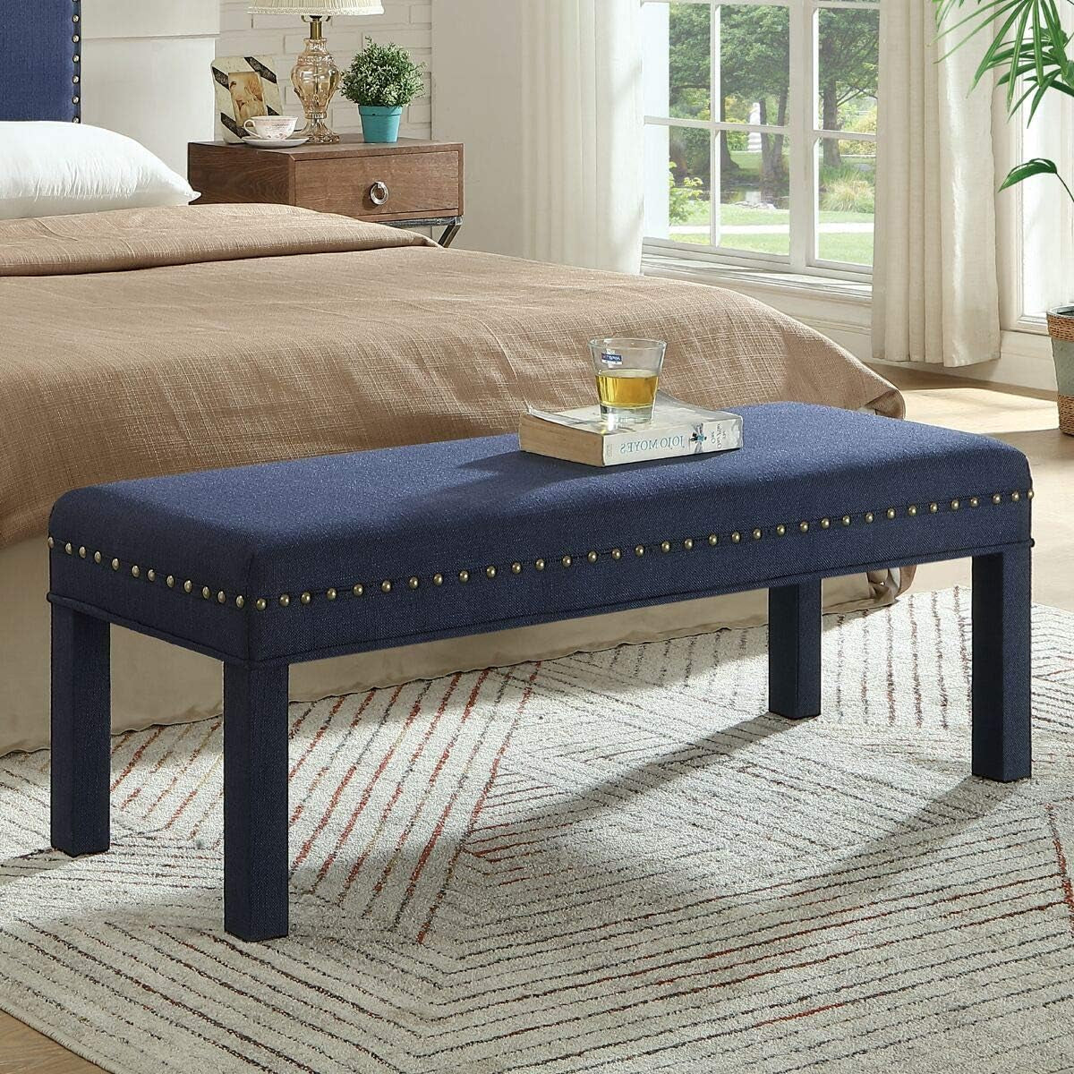 24KF Upholstered Linen Bed Bench with Nail Head Trim,Padded Tufted Bench -Dark Gray Entryway Furniture Furniture Home & Kitchen Storage Benches