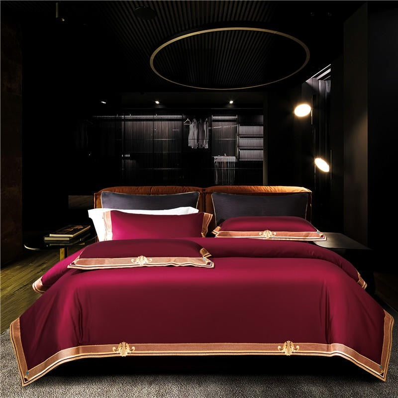 Anahi Red Embroidered Motif Border Egyptian Cotton Bedding Set