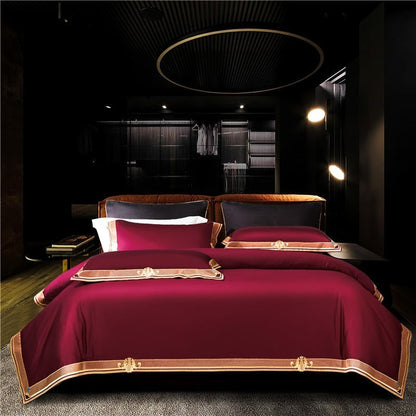 Anahi Red Embroidered Motif Border Egyptian Cotton Bedding Set