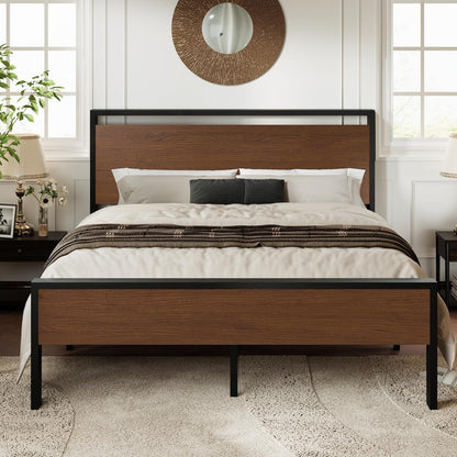 Estrutura da cama Allewie King Size com cabeceira e estribo de madeira, suporte para 12 ripas de metal para serviço pesado, sem necessidade de molas, armazenamento sob a cama, antiderrapante sem ruído, fácil montagem, nogueira